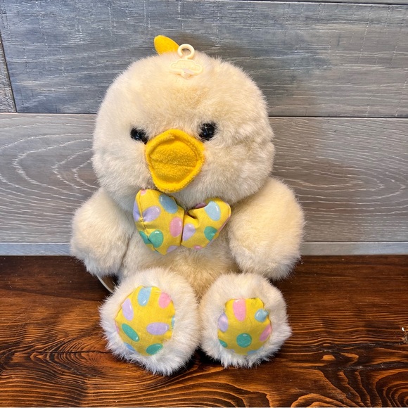 Vintage Yellow Duck Cuddle Wit Duckling Plush Easter 10" Tag Jelly Bean Bow Feet - Picture 1 of 8
